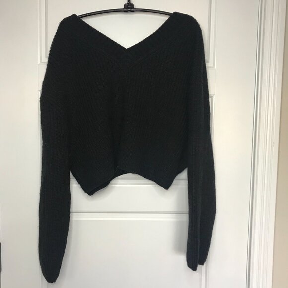 Zara Black V-Neck Cropped Cardigan Sweater Women's Large Ribbed Wool Blend NEW - Picture 3 of 10